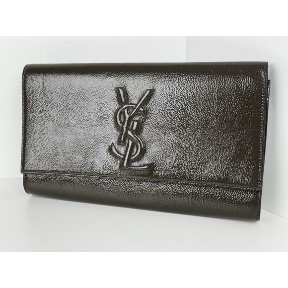 Saint Laurent Belle De Jour Patent Leather Flap Clutch Khaki w Gold Hardware C-6 - Picture 1 of 16